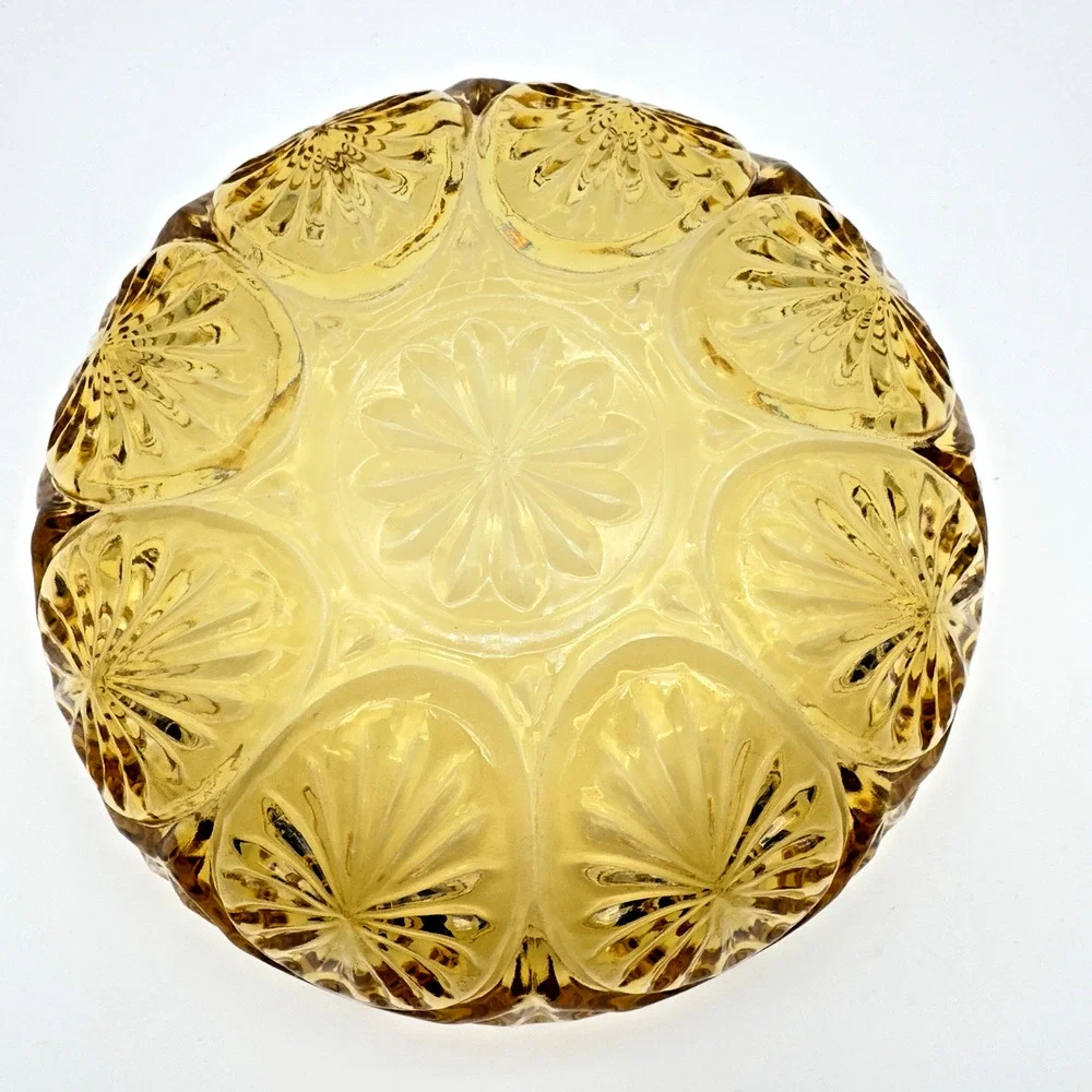 Vintage Yellow Glass Serving Bowl Anchor Hocking Medallion Honey Gold 8